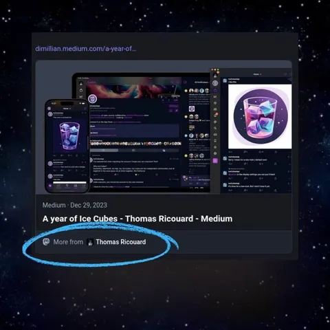 a screenshot of a potentially new feature of Mastodon currently in beta testing showing an author tag/link below a blog post... the screenshot is in the foreground and in the background you see a starry sky