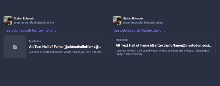 A side-by-side comparison of a quoted Mastodon post. On the left, the text is cut off. On the right, it is fully visible.