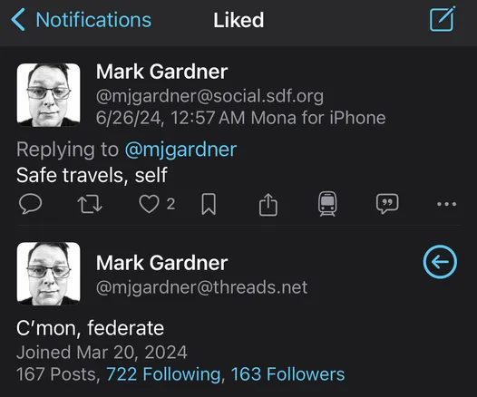 A like from a Threads user to a fediverse post, as displayed in the Mona Mastodon app