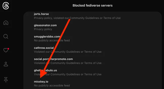 misskey.io, the biggest instance of misskey, on threads block list