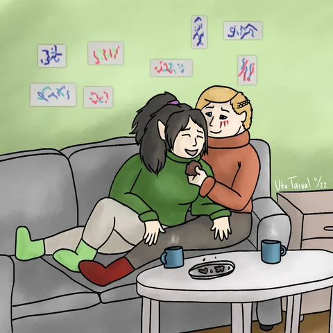 Ying and Tyra from Paladins are lounging together on a sofa. Ying sits on Tyra's lap. Ying has gray long hair and green sweater. Tyra has blond hair with a small braid, and wears brown-red-ish sweater. She is giving Ying a traditional Finnish Christmas bisquit. They both look calm and relaxed.