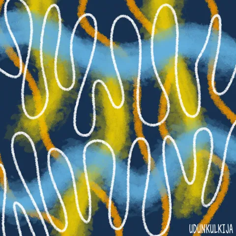 Abstract lines in different shades. Background is blue. On top of that there is: orange lines with small curves; yellow wide lines from top and down; two light blue curvy lines horizontally and on top everything is very wavy and curvy, white narrow line.