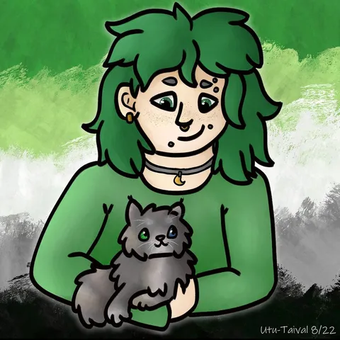 Harma Eina, person with a green long hair and green eyes holds a gray cat on their lap and looks at it with a relaxed smile. The cat looks at Harma Eina happily with its green and blue eyes.
The background is aromantic flag; green, light green, white, gray and black horizontal stripe.