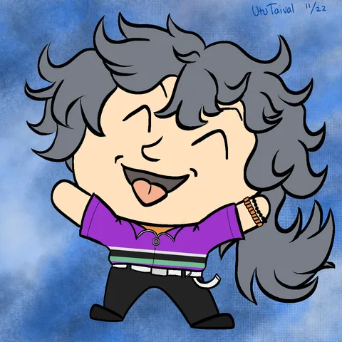 Niki from Enstars smiles widely and reaches up with his hands. His gray hair is flowing to every direction and it is on a ponytail. His tongue sticks out with the smile.
Background is different shades of blue mixing together smoothly. He has purple T-shirt with white, black and green stripe on the front.