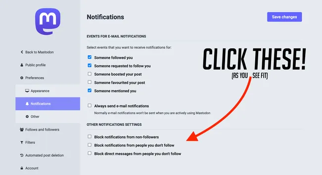 Users can limit notifications and DMs; this shows the Preferences/Notifications screen in the desktop web view, with an arrow pointing at the "Other notifications settings" section at the bottom. The checkbox options given are "Block notifications from non-followers," "Block notifications from people you don't follow," and "Block direct messages from people you don't follow."