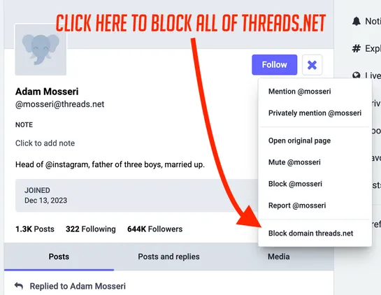 The profile of Instagram head Adam Mosseri (@mosseri@threads.net) as seen from Mastodon's web interface, with the "more" (three vertical dots) button pressed to bring down a menu which includes "Block domain threads.net" at the bottom. Select that to block the entire domain.