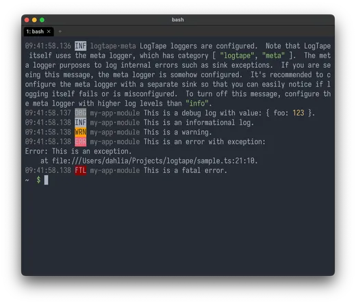 Screenshot: log messages printed out on the terminal