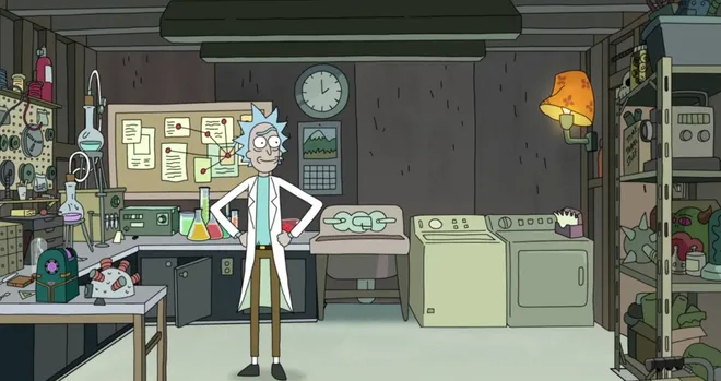 Rick Sanchez standing in his garage with a look of satisfaction on his face. 