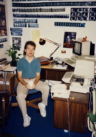 Jordan Mechner in 1989 towards the end of production of Prince of Persia (Apple II), in attic office at Broderbund in San Rafael, California.