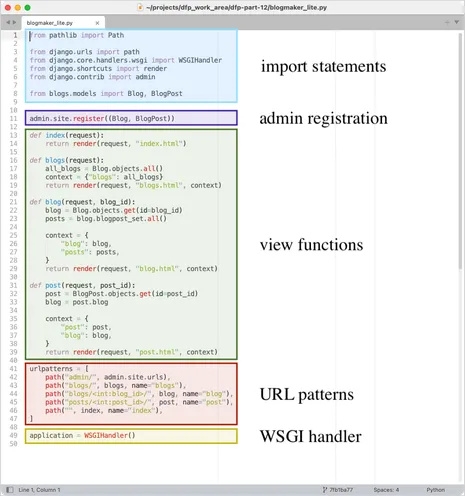 blogmaker_lite.py, with colored rectangles highlighting 5 main sections: import statements, admin registration, view functions, URL patterns, and WSGI handler