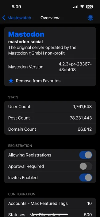 
Overview
Mastodon
mastodon.social
The original server operated by the
Mastodon gGmbH non-profit
Mastodon Version
4.2.3+pr-28367-
d3dbf08
Remove from Favorites
STATS
User Count
Post Count
Domain Count
1,761,543
78,231,443
66,842
REGISTRATION
Allowing Registrations
Approval Required
Invites Enabled
CONFIGURATION
Accounts - Max Featured Tags
Statuses - Max Characters
10
500