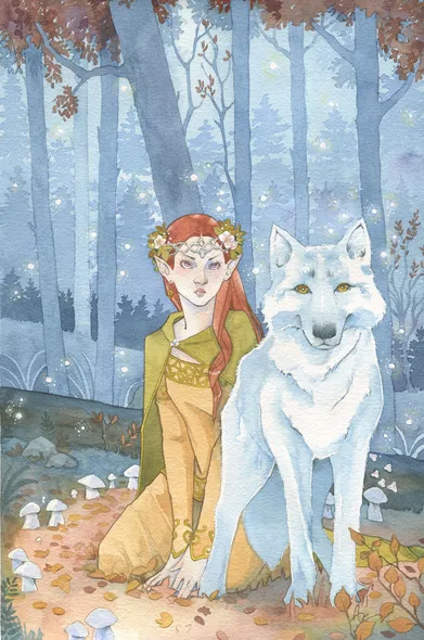 Dans une forêt bleu et ocre peinte à l'aquarelle, une elfe est agenouillée dans un cercle de champignons blancs. À ses côtés, un loup blanc semble surveiller les environs, prêt à défendre sa compagne. 
La cercle des fées - aquarelle originale par Aemarielle