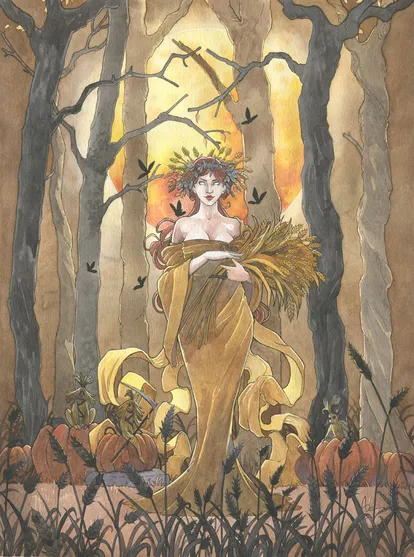 Une déesse des moisson à la robe d'or se tient debout devant une pleine lune rougeoyante. Autour de la femme, des citrouilles sur lesquelles sont installés des polieviks, de petits esprits des champs. Autour d'elle, du blé et des arbres décharnés.
Lune rousse- aquarelle originale par Aemarielle