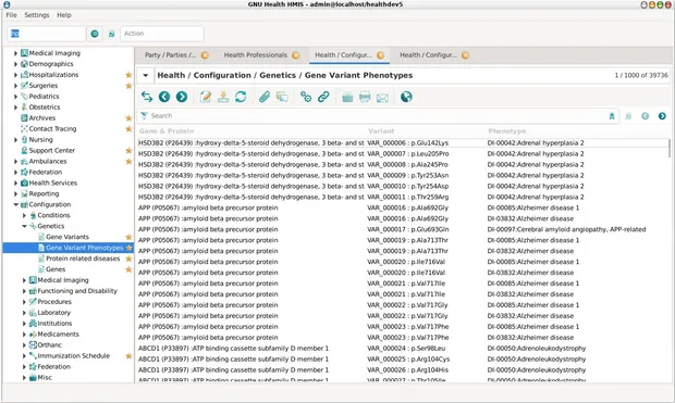 Window showing human natural variant phenotypes on GNU Health