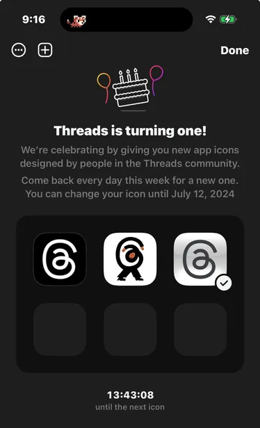 A screenshot of the threads app icon mini game. The first three icons have been revealed out of a total of six.