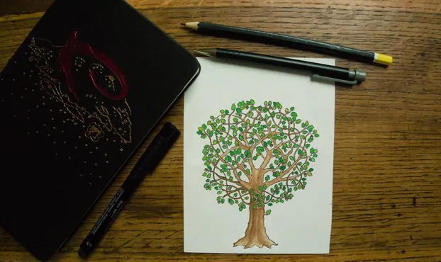 Dessin et peinture réalisée par mes soins représentant un arbre dont les branches sont entrelacées