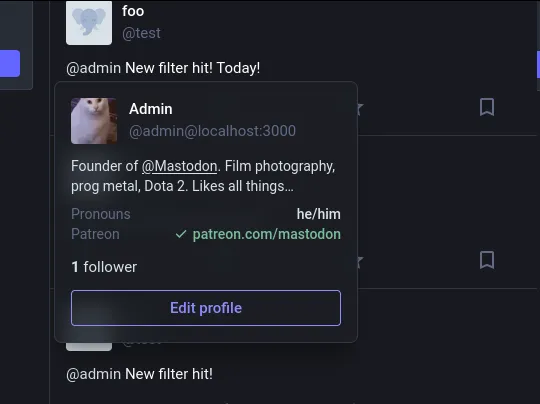 A screenshot of a test Mastodon account overlaid with a "hover card", which shows basic profile information, including a profile image, abbreviated profile description, and number of followers, without having to visit the profile page.