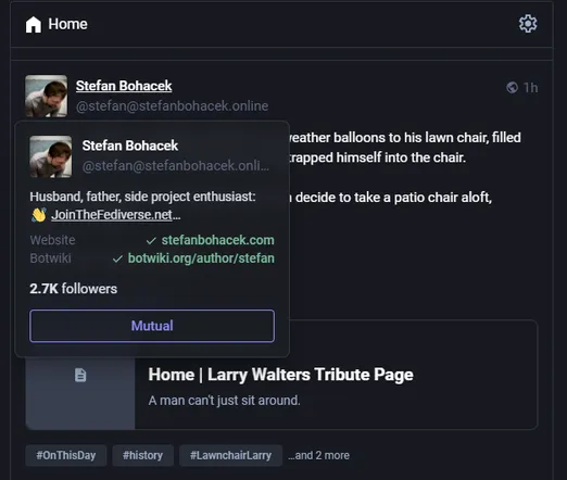 A screenshot from mastodon.social showing a post I made. When I hover my username, a small popup shows up with basic information about my profile, including name, profile image, a short excerpt of my bio, the first two profile fields with verified links, the number of followers (number of followed accounts is notably missing), and a button that reflects the follow status.