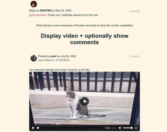 Screenshot of the a Mastodon post and a comment turned into a blog post. A video of a cat is displayed