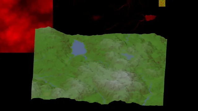 A 3d terrain floating in a black void. It shows signs of erosion. Debug textures are visible in red and green at the top of the image.