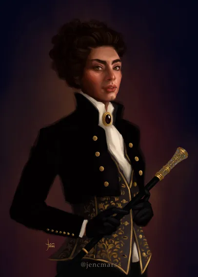 Painted portrait of a haughty young aristocratic woman. She has black wavy hair pulled up in a loose up-do, and is dressed in a black riding jacket with gold embellishments. She holds a walking cane and wears a gold brooch with a black stone.