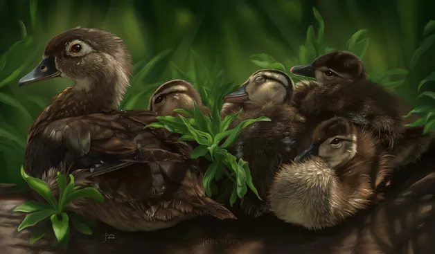 Painting of a mother wood duck and four ducklings snuggled on a log. The light is soft and warm, and the background is lush green plants. The mood is warm and cozy. 