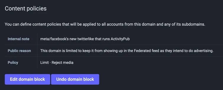 Content policies on our threads.net domain block showing what "Limit" and "Reject media" look like in the UI. Individual users can still follow and talk with users from threads.net, but all threads.net content will be hidden from anyone not choosing specifically to follow those same users.