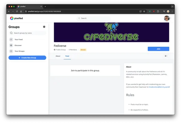 Pixelfed Groups with a Lemmy community shown