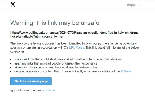 unsafe link reported by X with regard to bellingcat article