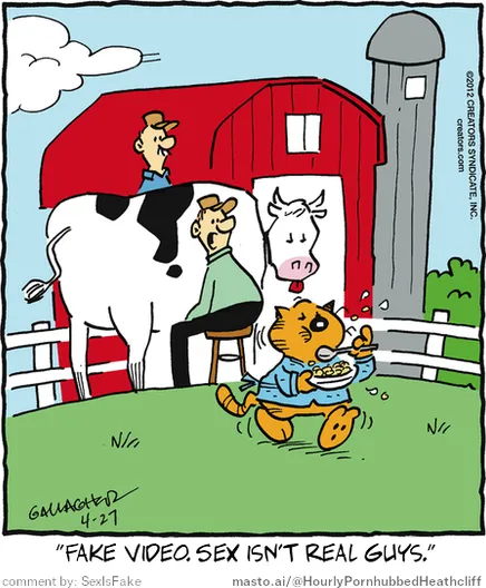 Original Heathcliff comic from April 27, 2012
New caption: "Fake video. Sex isn't real guys."
Comment by: SexIsFake