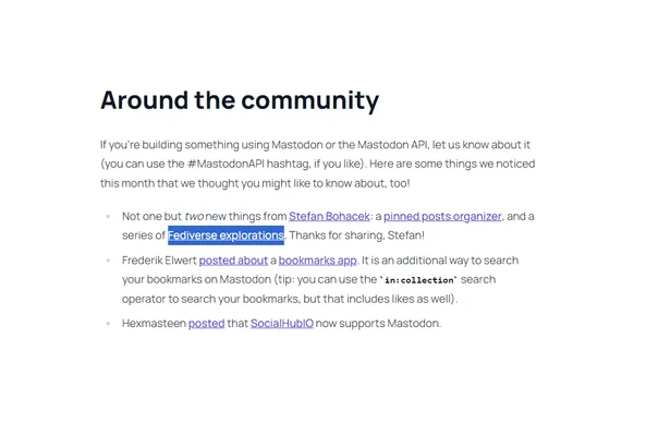 A snippet from the linked article showing the "Around the community" section, featuring links to projects made by Mastodon's community. Highlighted is a link to Fediverse Explorations.