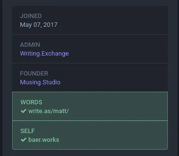 Screenshot of some Mastodon profile fields, including one that says "WORDS: write.as/matt/" with a checkmark in front of it and a green background.