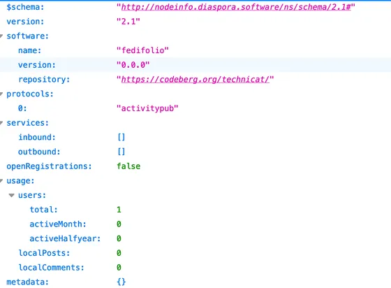 screenshot of web browser showing a debug view of JSON showing server info