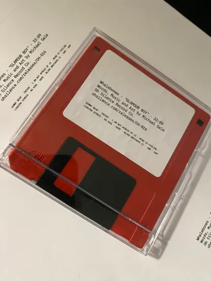 Red floppy disk with a white label and black text showing album credits for GLAMOUR BOY along with a tracklist