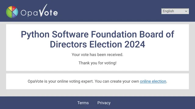 Screenshot of the vote receipt page for the Python Software Foundation board of directors election 2024