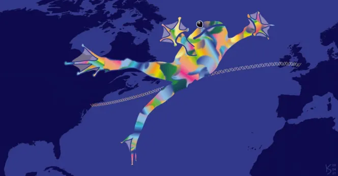 A colorful frog flying over the Atlantic Ocean on a world map following a double helix connecting Cold Spring Harbor Laboratory, New York, with the Francis Crick Institute, London.