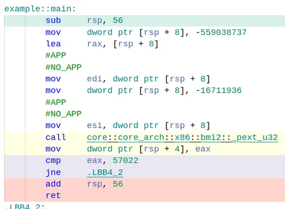 godbolt decompilation of my main function. There's a call to _pext_u32 instead of simply using the instruction.