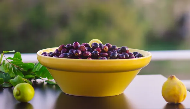 A yellow stoneware bowl filled with purple olives and a lemon slice is placed on a table and surrounded by a lemon a carob branch and a quince.