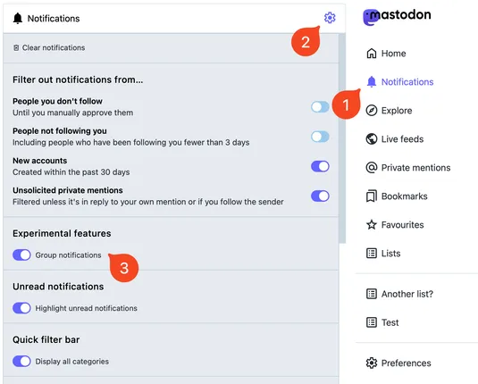 Screenshot of the Mastodon web interface showing how to enable the new experimental grouped notifications feature.
To enable it, navigate to “Notifications” in the main menu, then open the settings using the cog icon in the title bar, then enable the feature under “Experimental features”.