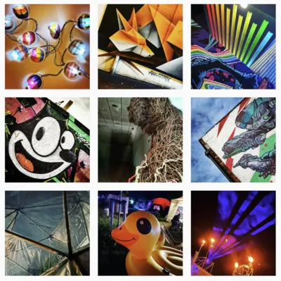 A 3 by 3 grid of pictures showing graffiti art, gay pumpkins, a giant wicker creature, lasers and flamethrowers + the inevitable geodesic dome" title="A 3 by 3 grid of pictures showing graffiti art, gay pumpkins, a giant wicker creature, lasers and flamethrowers + the inevitable geodesic dome