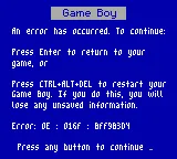 Photograph of a game boy showing a windows blue screen error, a qr code and the text: 
Game Boy
An error has occurred. To continue:
Press Enter to return to your game, or
Press CTRL+ALT+DEL to restart your Game Boy. If you do this, you will lose any unsaved information
Error:
Press any button to continue _