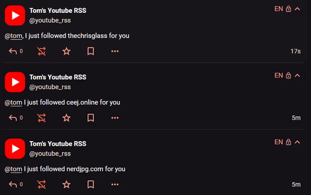 Screenshot of notifications
Shows the account @youtube_rss@tomkahe.com saying 'I just followed thecrisglass for you'