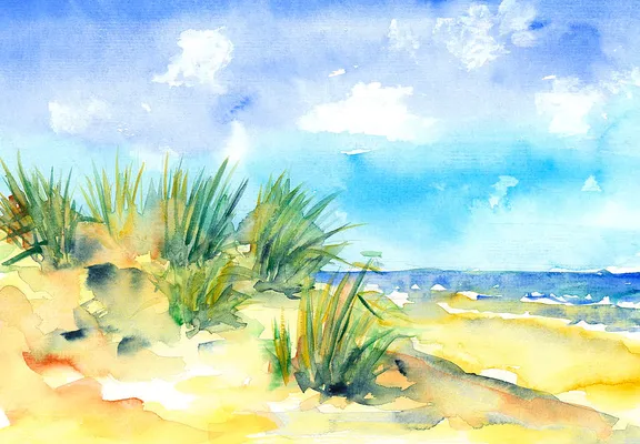 Beach Summer is a landscape format watercolor painting by artist Karen Kaspar. In the foreground are sandy dunes overgrown with seagrass in various shades of green. In the background is the blue sea with white crests of waves. Above it stretches the blue summer sky with little white clouds. The watercolor painting is painted with loose, expressive brushstrokes and radiates summery freshness.