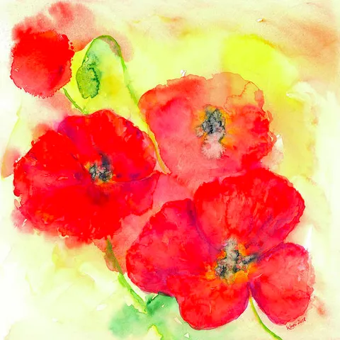 Red poppies is a watercolor painting in contemporary square format by artist Karen Kaspar.
Poppy flowers in vibrant red are dancing on a sunny yellow background.