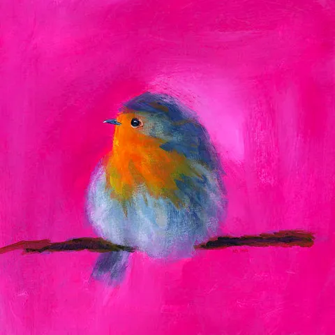 Little Robin is an acrylic painting in contemporary square format by artist Karen Kaspar.
A cute fluffy little European Robin bird is sitting on a branch and is looking to the left side.The background is abstracted in vibrant shades of pink.