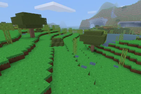 Screenshot of the Repixture game. It shows a voxel world in a swamp biomes. A few cubic oak trees grow on the grass, as well as papyus. A small lake to the right, and a hill in the background.