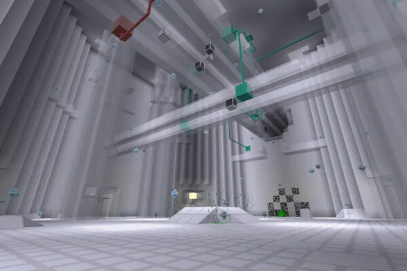 Screenshot of the Glitch game. Shows a complex octagonal white room. The floor has a tile pattern, the walls are flat. Serveral semitransparent pipes go through the room, in which white and black cubes seem to flow trough them. At the sides, simple open doorways to other tiny rooms exist. Strange blue couble tetrahedrons float throughout the room. At the pipes, red and cyan cables are attached. One of the walls seems to have a distortion with white noise.