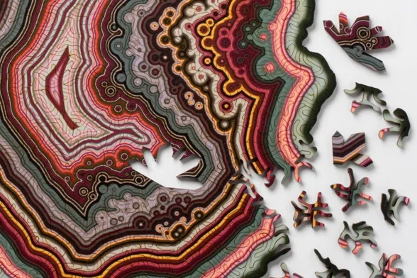 Geode jigsaw puzzle with intertwining maze shaped pieces and crystal whimsies