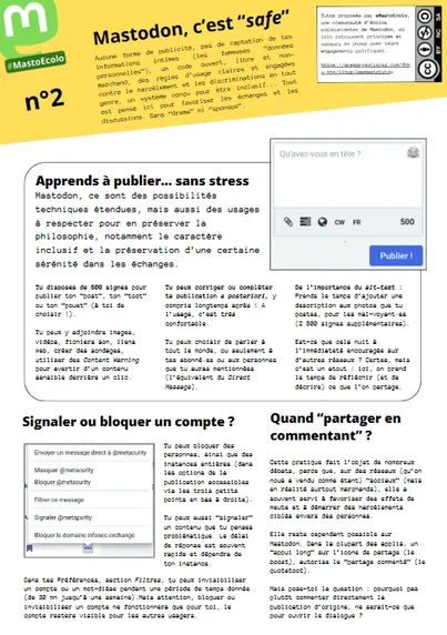 Tuto n°2 "Mastodon, c'est safe" proposé par la communauté #MastoEcolo. Chaque tuto présente le réseau social sur une page. Ici : Apprendre à publier sans stresse, signaler ou bloquer un compte, partager en commentant...

En savoir plus ici : https://gregorygutierez.com/doku.php/linux/lesmastotutos