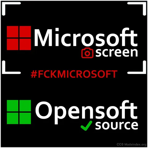 Parody graphic design of: Microsoft to Microscreen with a camera icon and camera zoom around it, #FCKMICROSOFT and Opensoft to Opensource